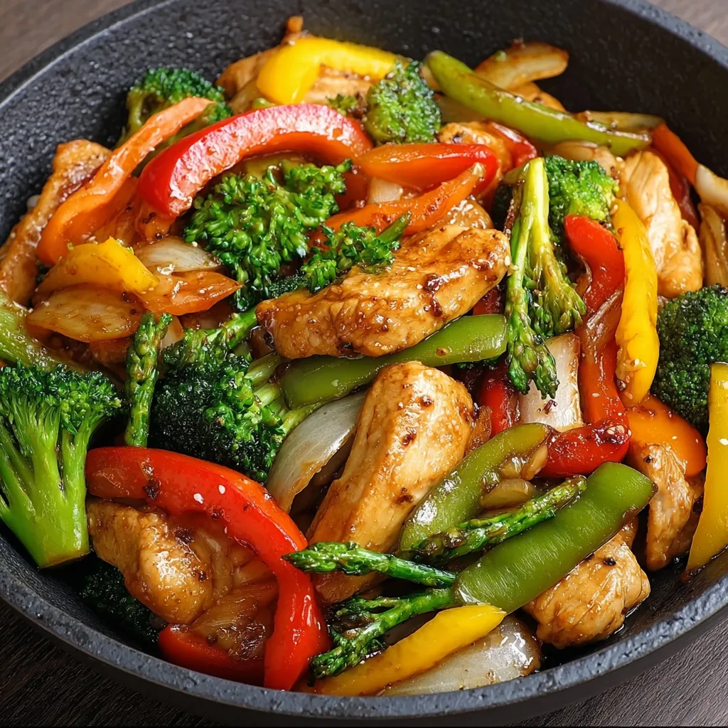 Pollo con verduras al estilo oriental salteado en wok con salsa de soja y vegetales frescos