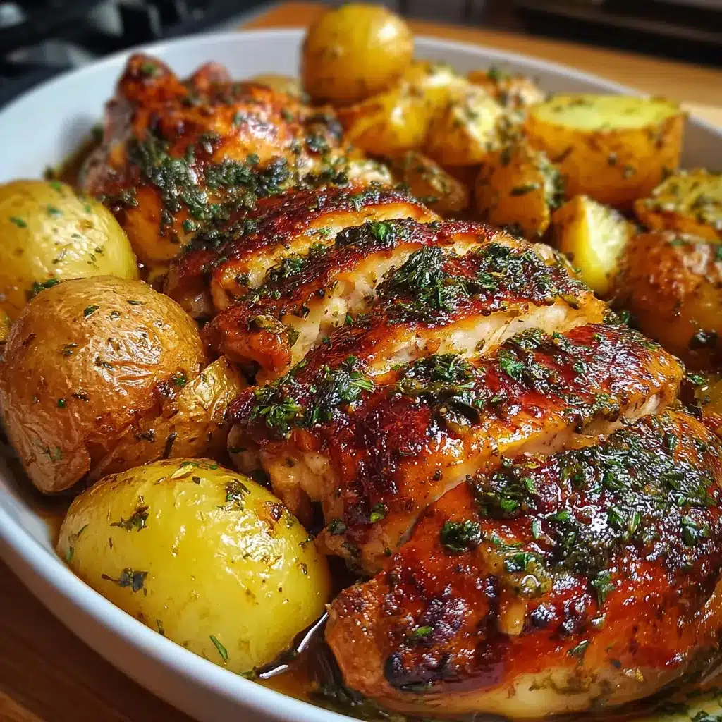 Pollo dorado al horno acompañado de papitas crujientes servido en una bandeja