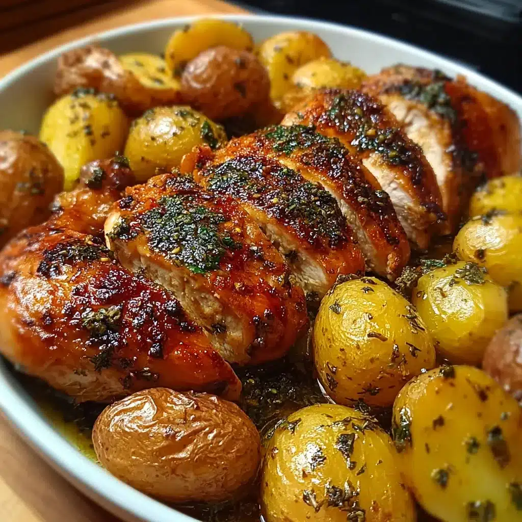 Pollo dorado al horno acompañado de papitas crujientes servido en una bandeja
