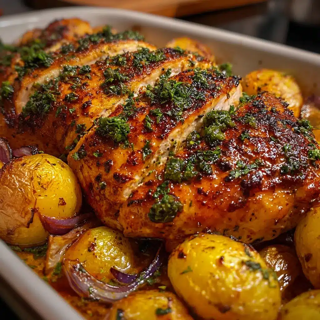 Pollo dorado al horno acompañado de papitas crujientes servido en una bandeja