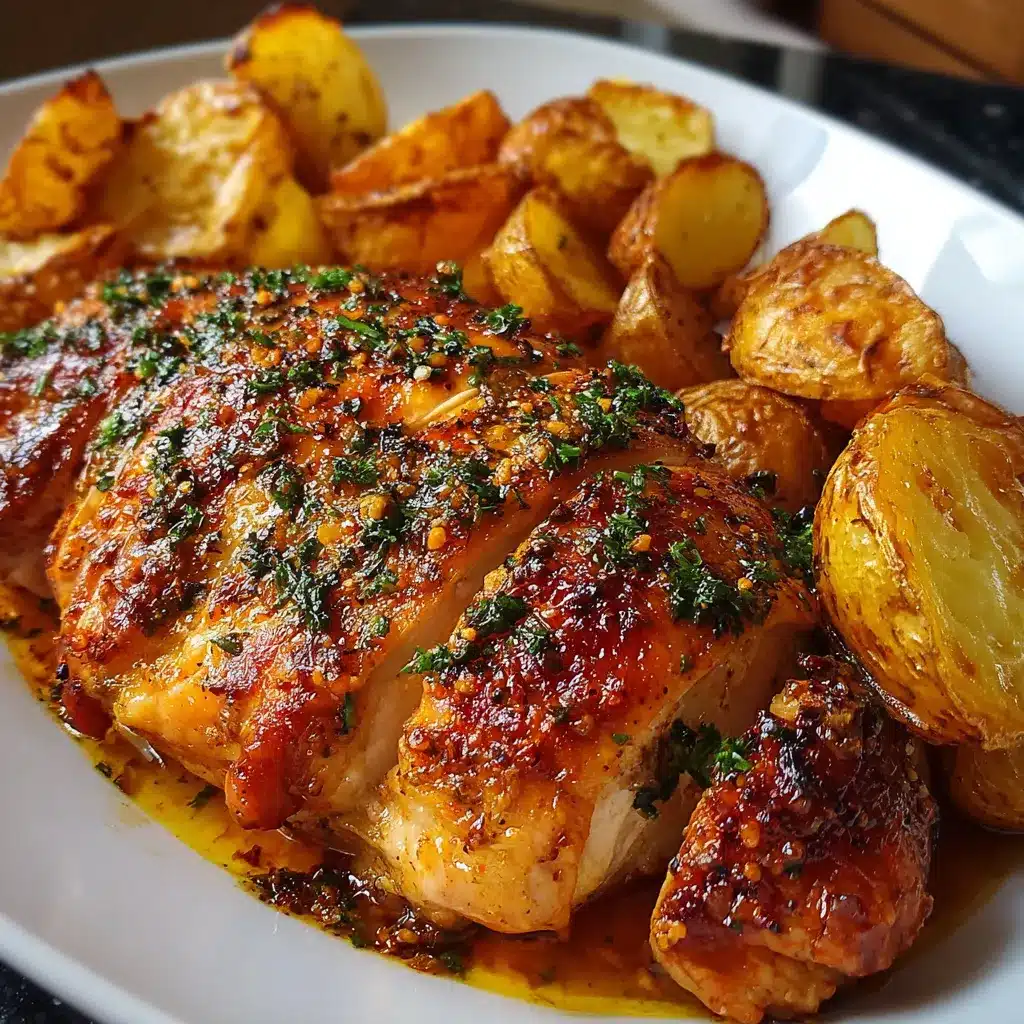 Pollo dorado al horno acompañado de papitas crujientes servido en una bandeja