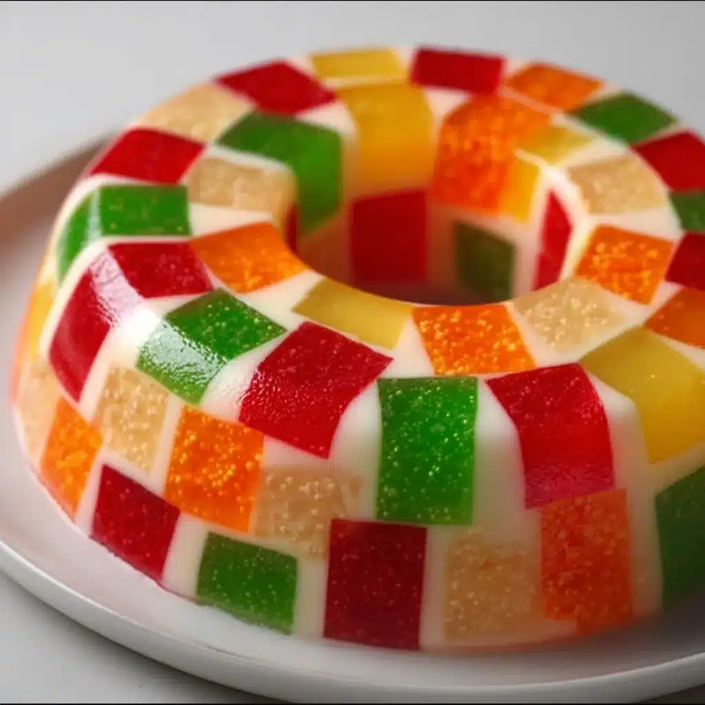 Postre de Gelatina Mosaico con cubos de colores en base cremosa