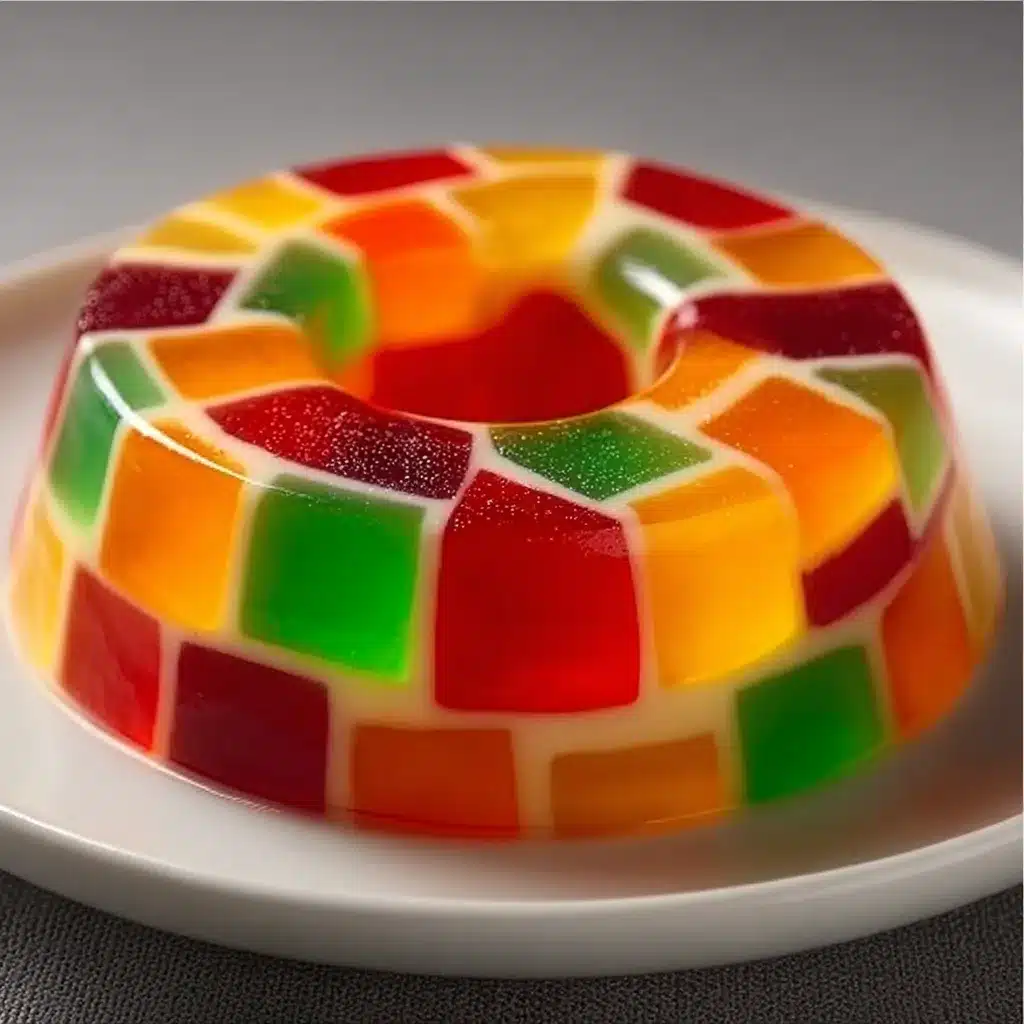 Postre de Gelatina Mosaico con cubos de colores en base cremosa