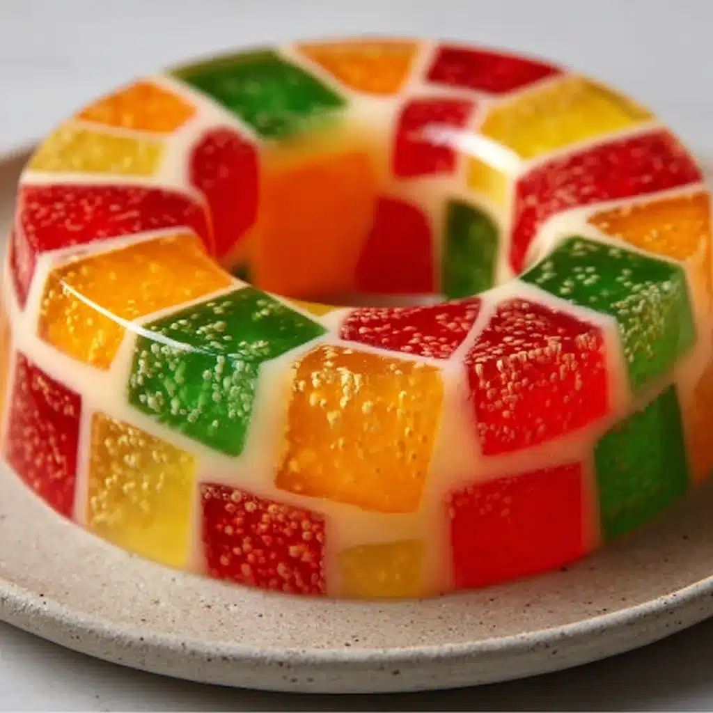 Postre de Gelatina Mosaico con cubos de colores en base cremosa