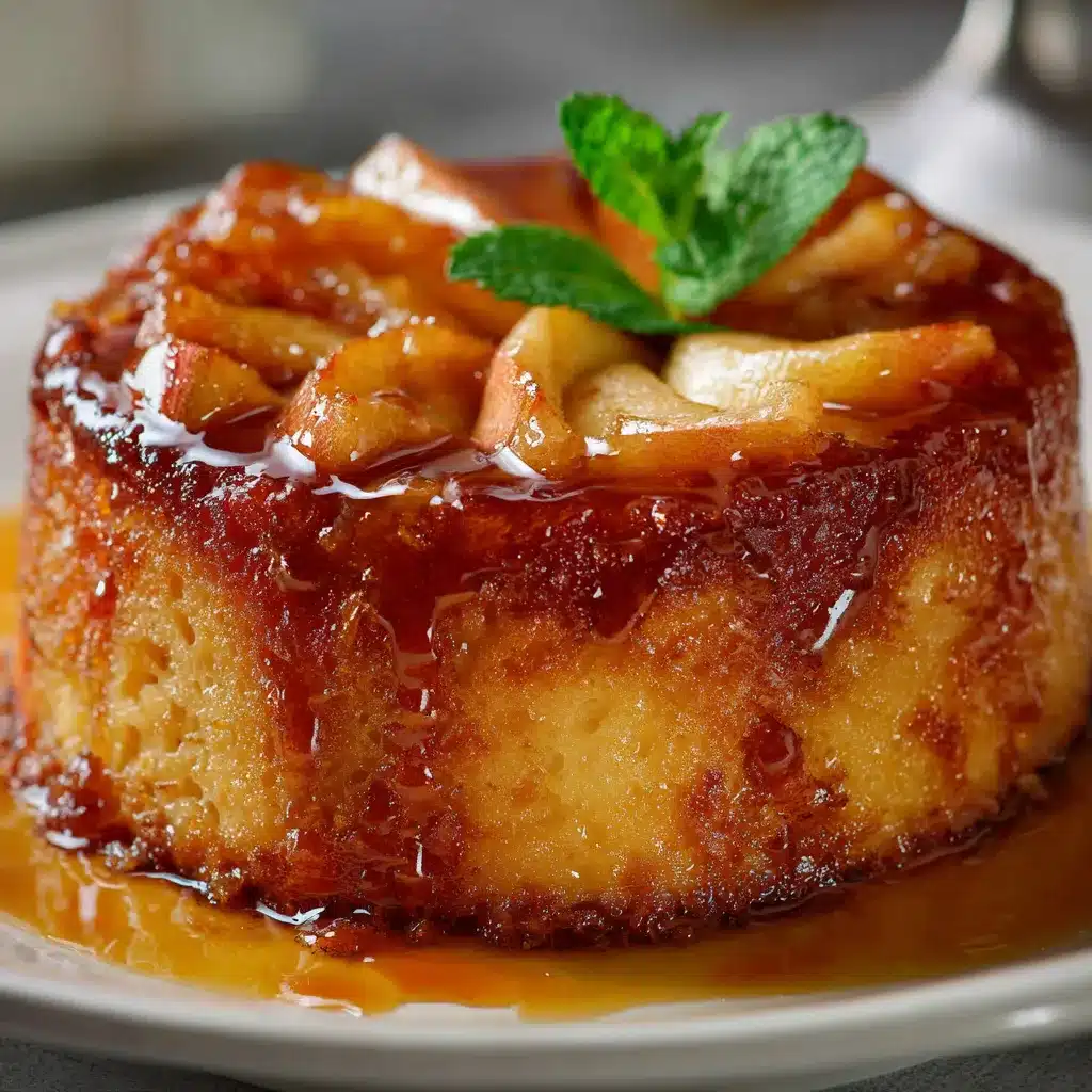 Pudin de bizcocho con manzanas recién horneado servido en un plato blanco, acompañado de una ramita de canela.