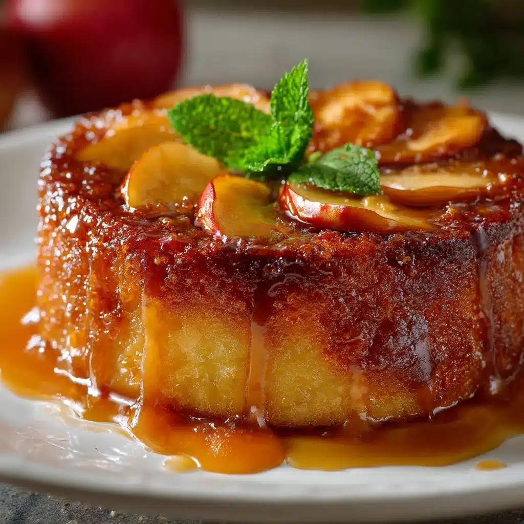 Pudin de bizcocho con manzanas recién horneado servido en un plato blanco, acompañado de una ramita de canela.