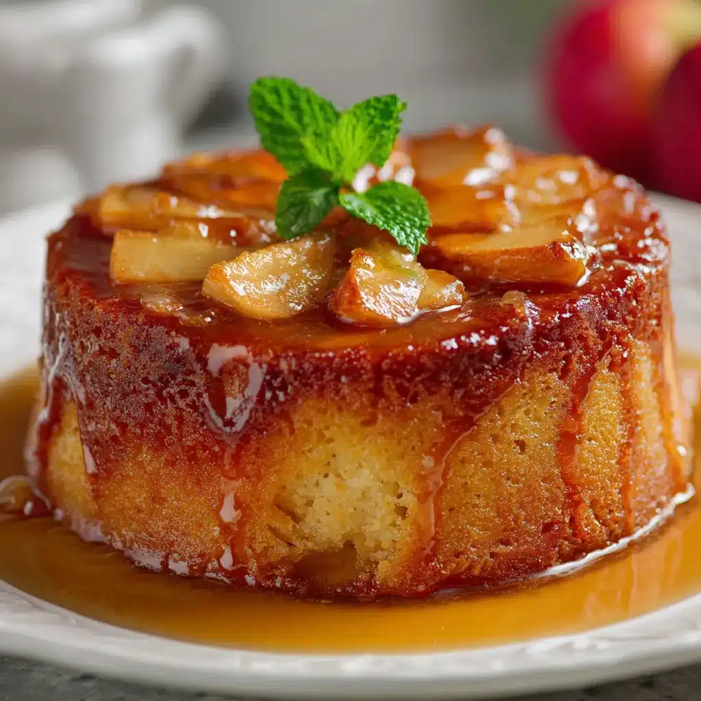 Pudin de bizcocho con manzanas recién horneado servido en un plato blanco, acompañado de una ramita de canela.