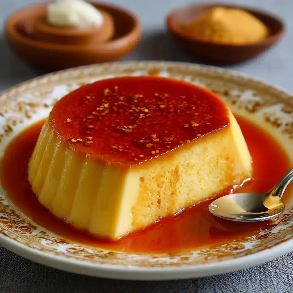 Pudín de huevo casero con caramelo brillante en un molde de vidrio