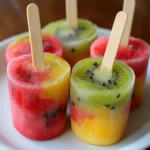 Paletas de frutas caseras hechas con fresas, mango, arándanos y kiwi en moldes transparentes