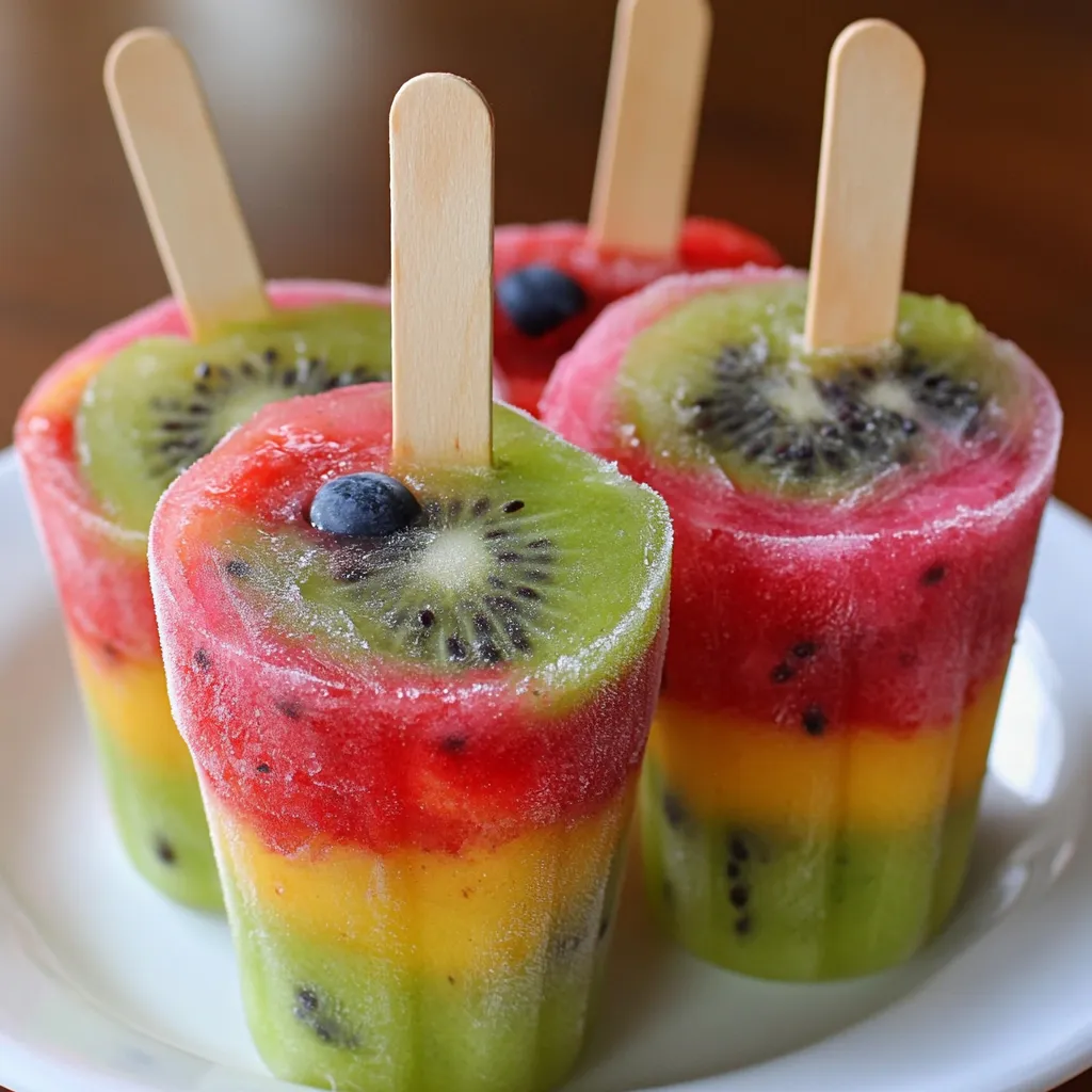 Paletas de frutas caseras hechas con fresas, mango, arándanos y kiwi en moldes transparentes