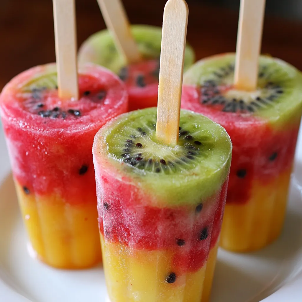 Paletas de frutas caseras hechas con fresas, mango, arándanos y kiwi en moldes transparentes