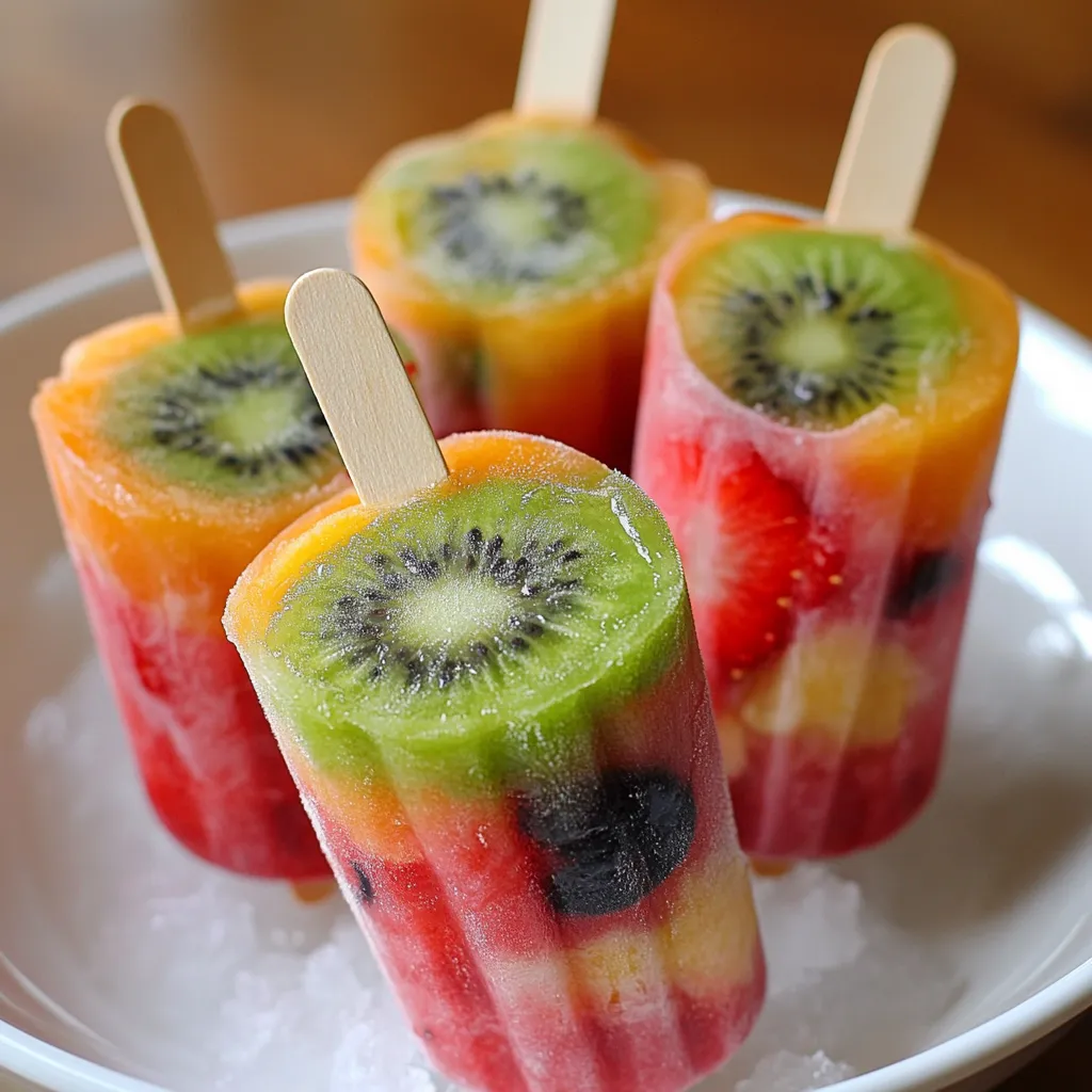 Paletas de frutas caseras hechas con fresas, mango, arándanos y kiwi en moldes transparentes
