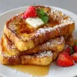 Pan Tostado Francés servido con frutas frescas y un toque de miel en un plato blanco