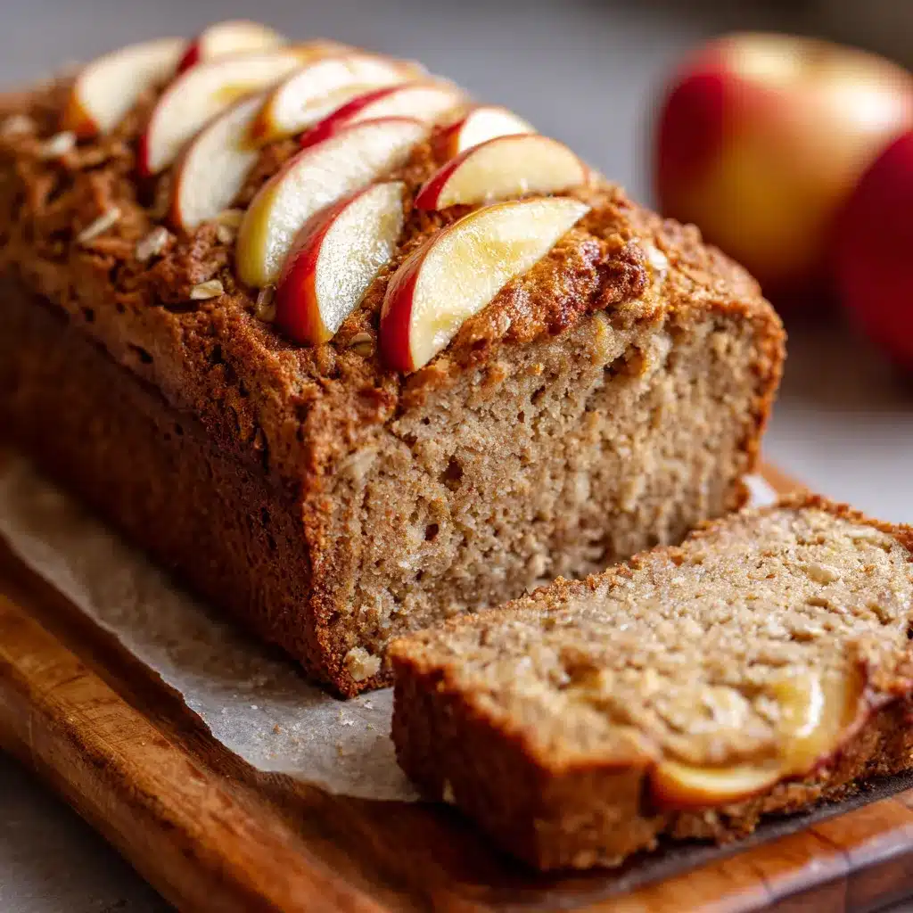 Pan de avena y manzana recién horneado decorado con rodajas finas de manzana