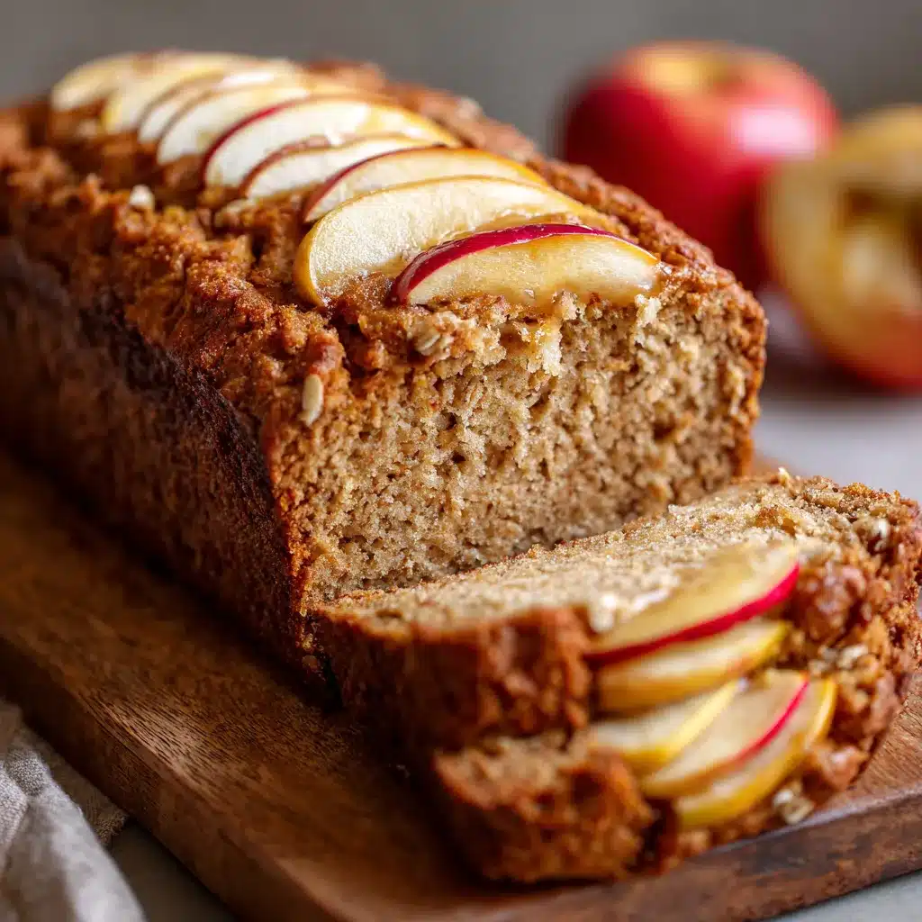 Pan de avena y manzana recién horneado decorado con rodajas finas de manzana