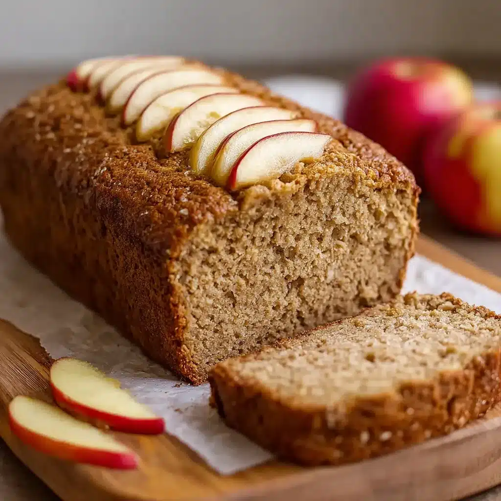 Pan de avena y manzana recién horneado decorado con rodajas finas de manzana