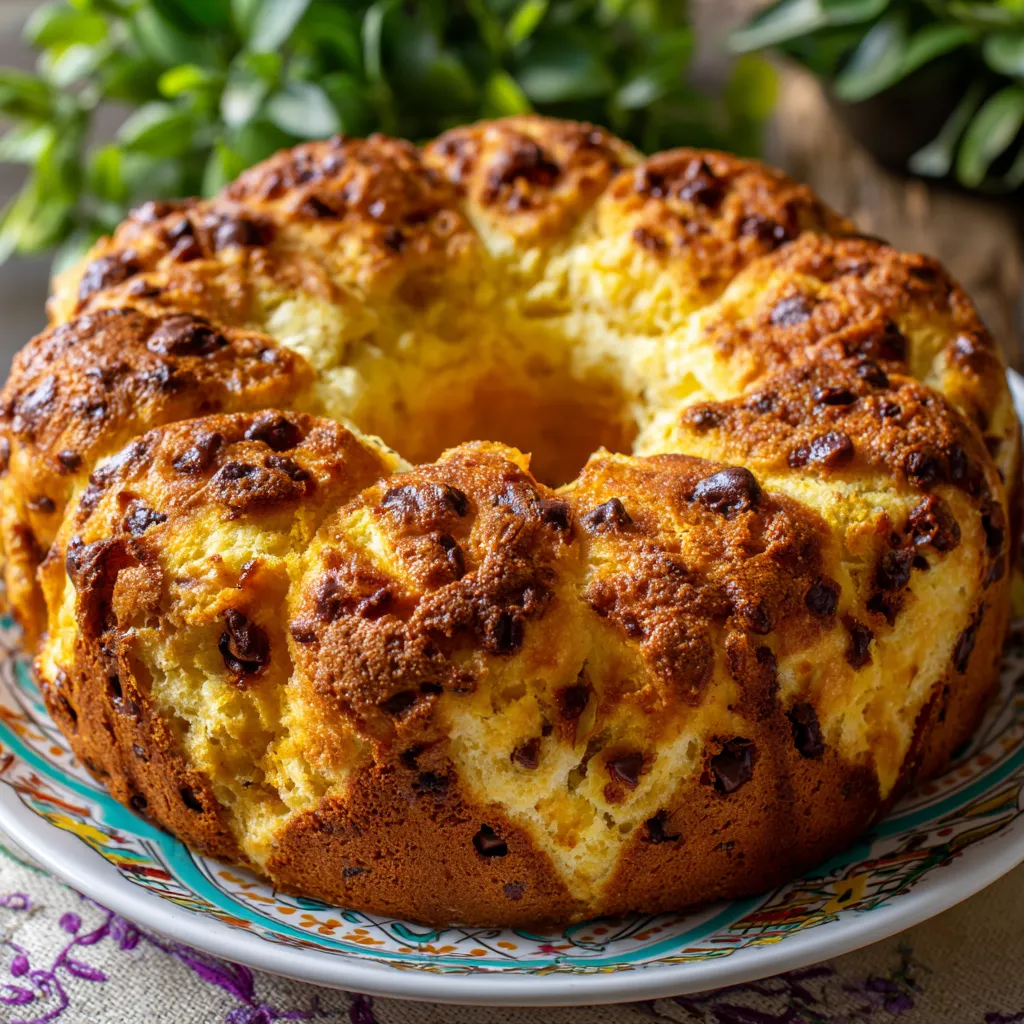 Pan casero sin amasado sobre rejilla con chispas de chocolate y dorado perfecto