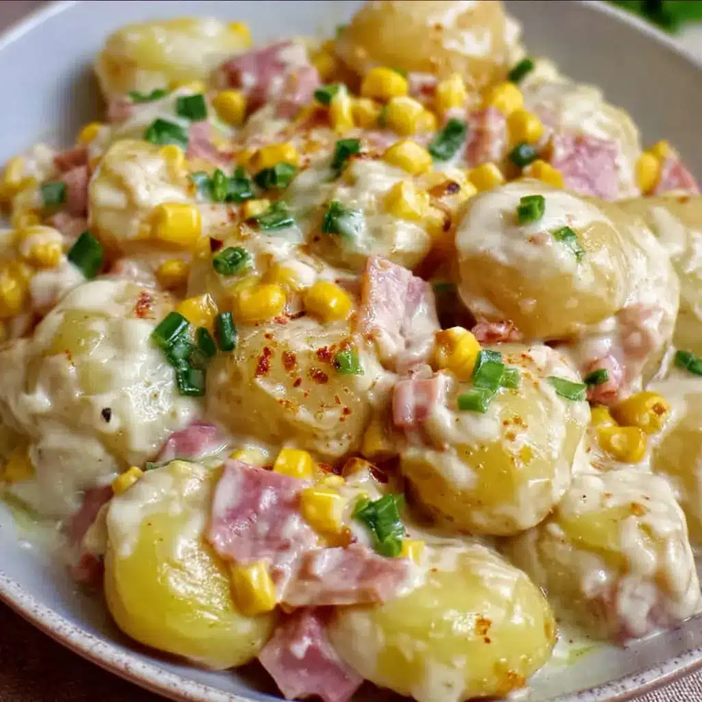Plato de papas cremosas sin cerdo con salsa blanca y perejil fresco por encima