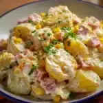 Plato de papas cremosas sin cerdo con salsa blanca y perejil fresco por encima