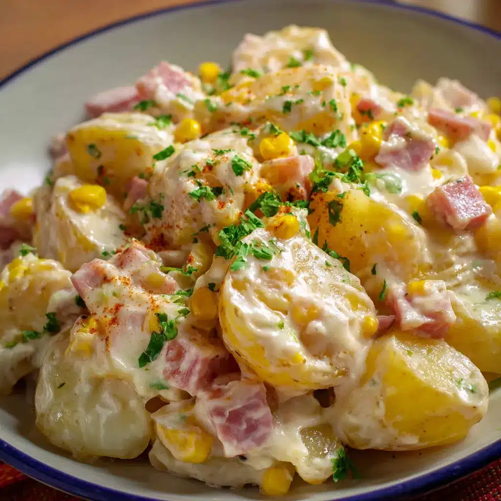 Plato de papas cremosas sin cerdo con salsa blanca y perejil fresco por encima