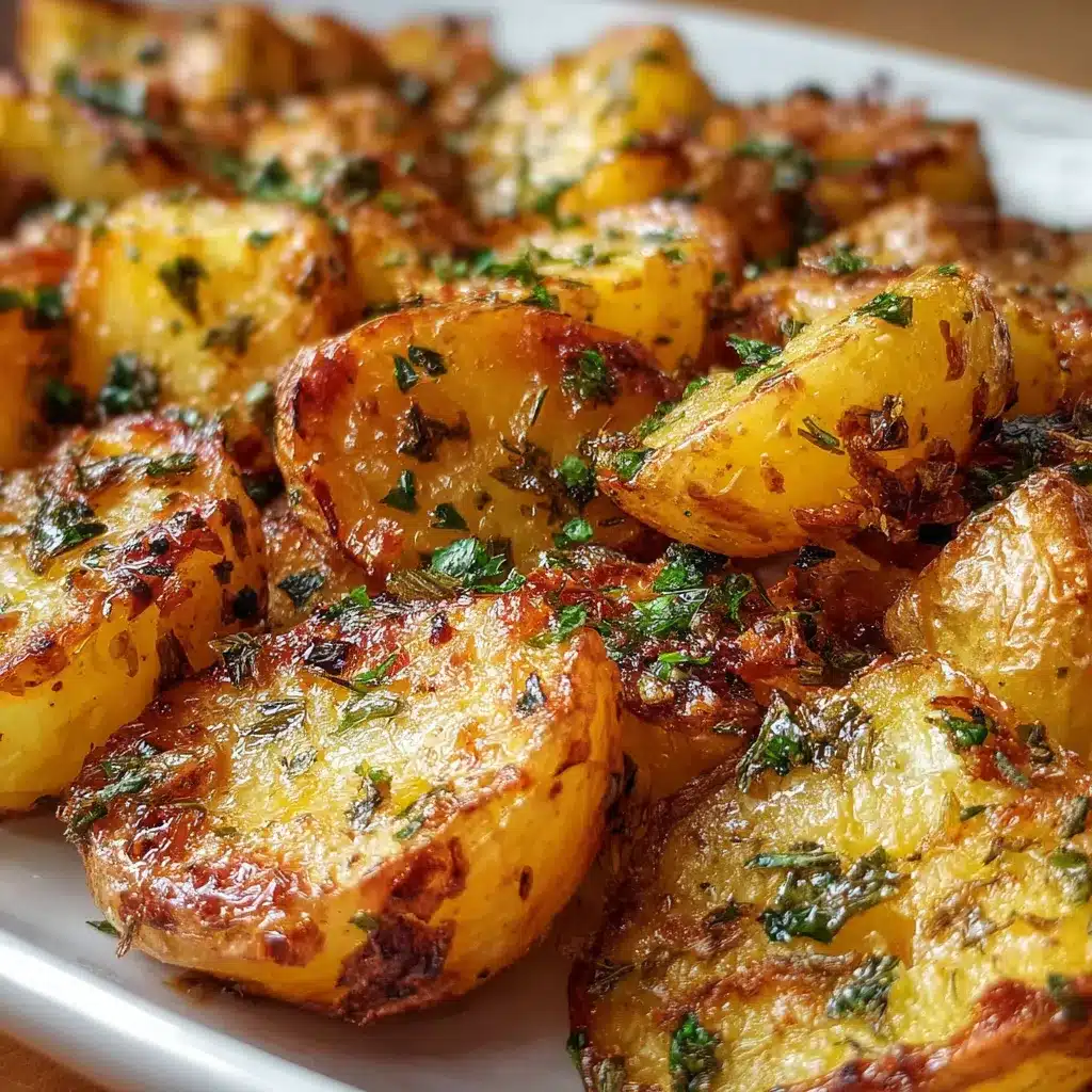 Papas al horno doradas con ajo y hierbas frescas servidas en bandeja