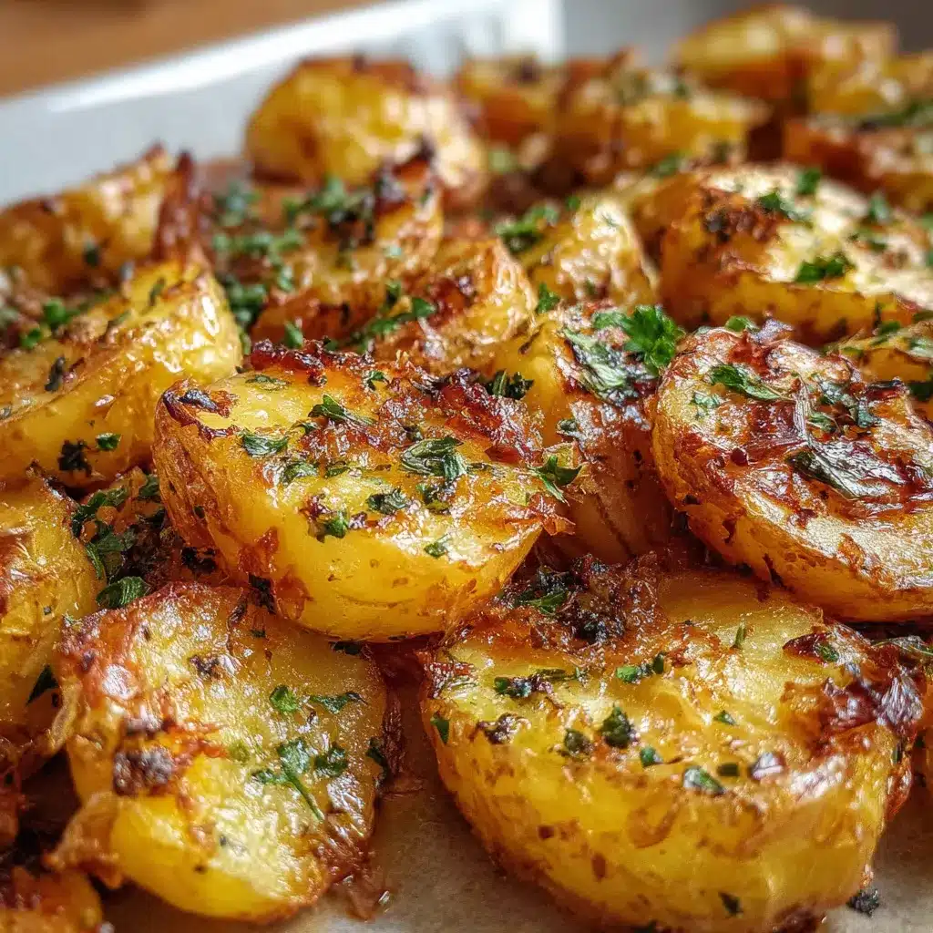 Papas al horno doradas con ajo y hierbas frescas servidas en bandeja