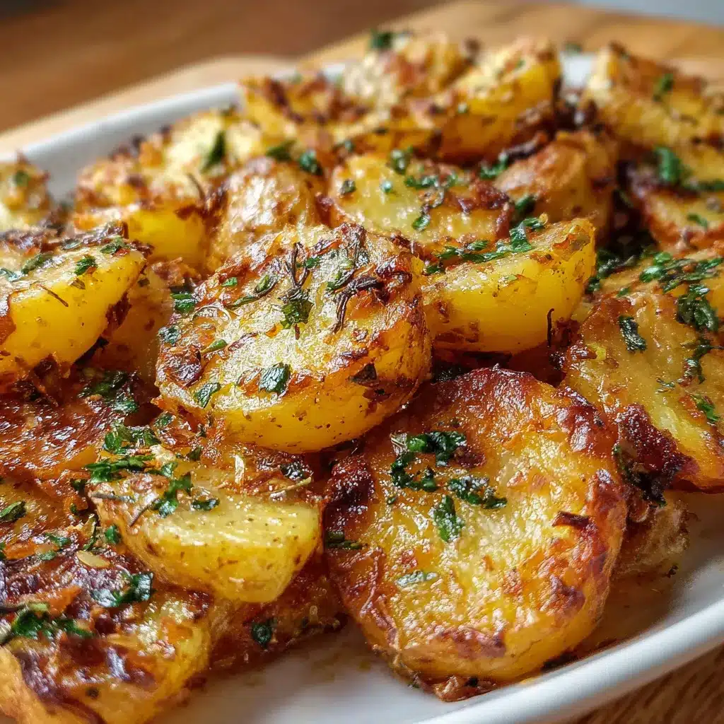 Papas al horno doradas con ajo y hierbas frescas servidas en bandeja