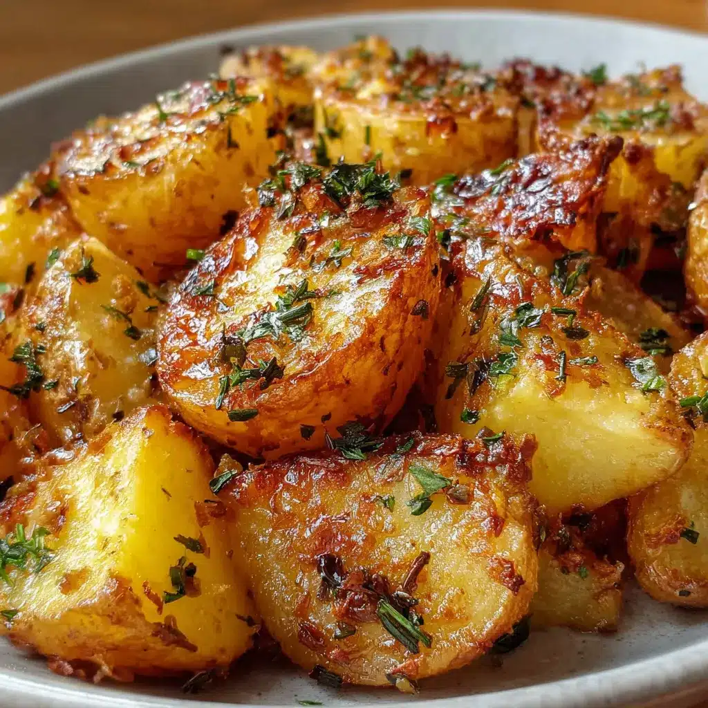 Papas al horno doradas con ajo y hierbas frescas servidas en bandeja