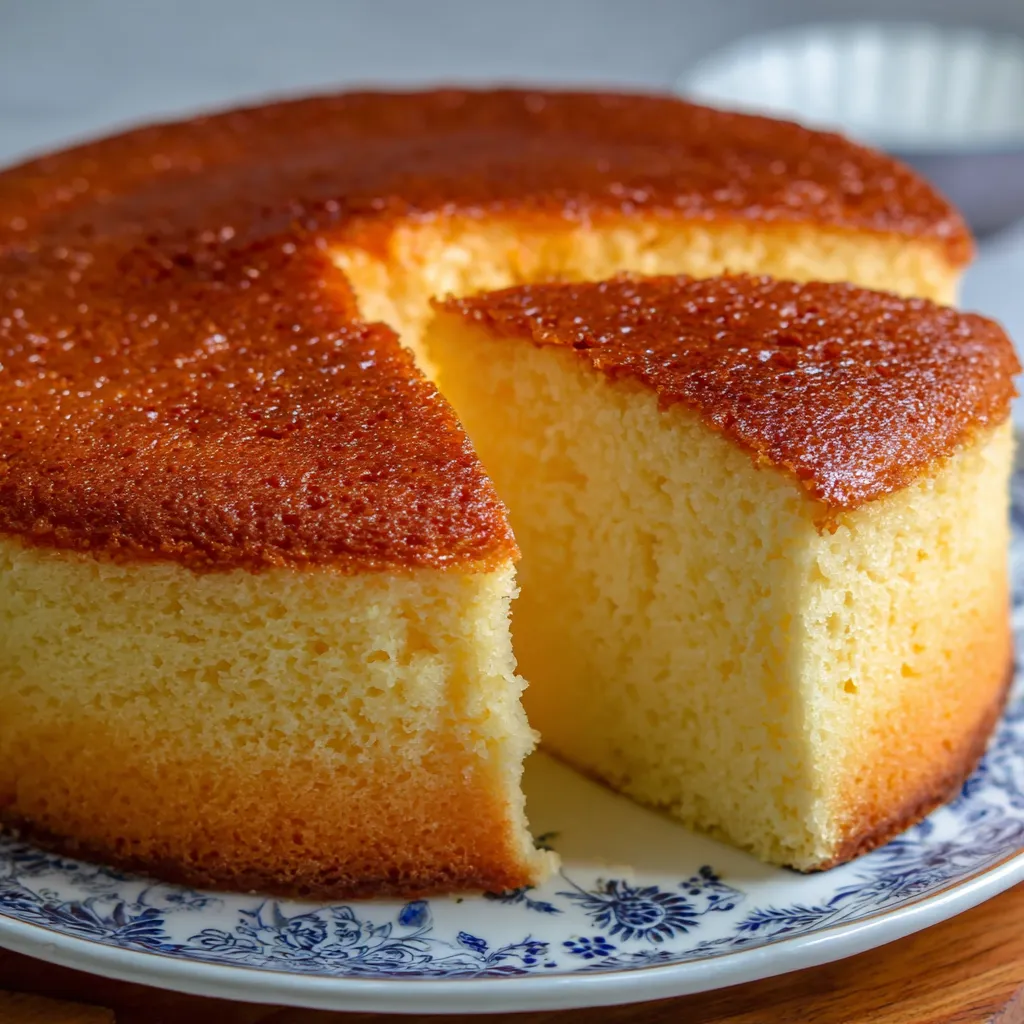 Pastel casero de leche condensada recién horneado, dorado y esponjoso en un plato blanco.