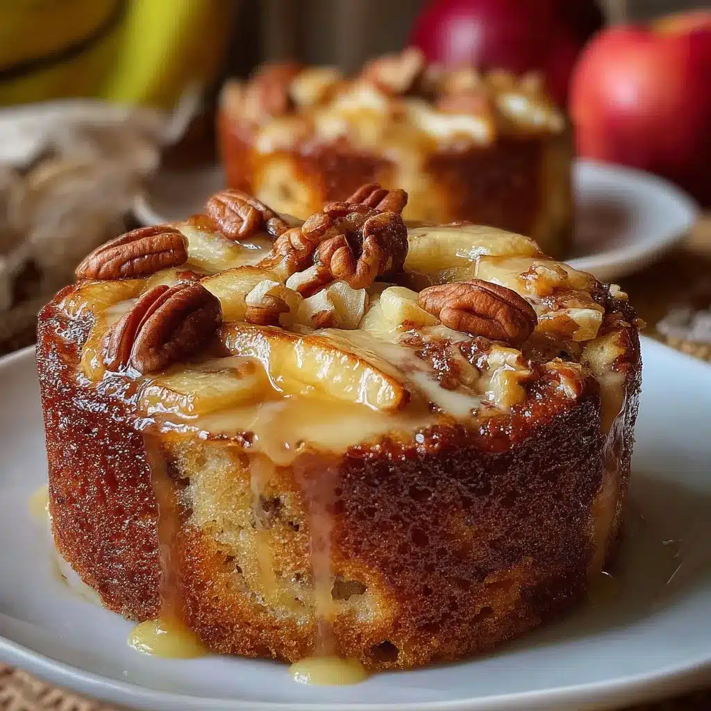 Pastel casero de nueces, manzana y plátano recién horneado en un plato de cerámica