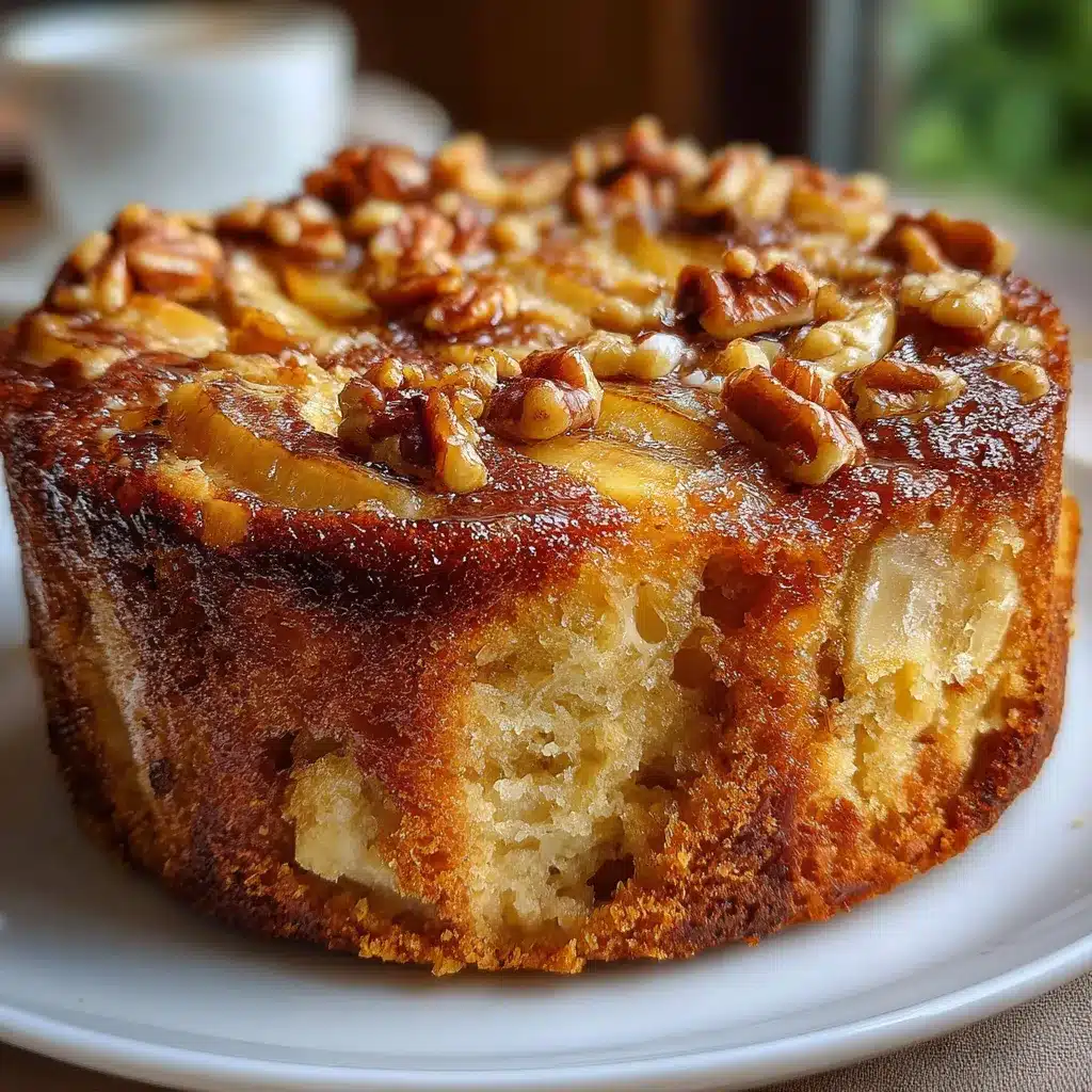Pastel casero de nueces, manzana y plátano recién horneado en un plato de cerámica