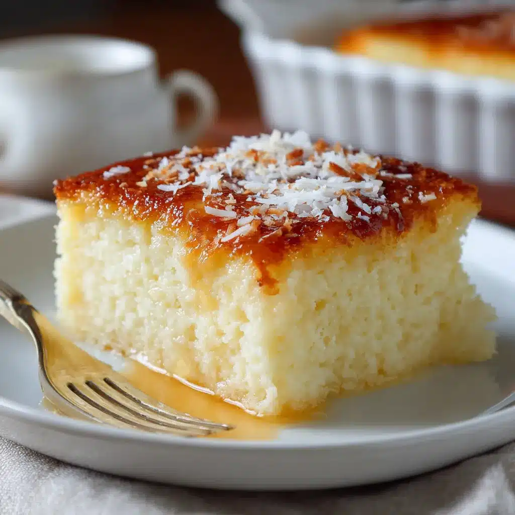 Pastel de coco frío y húmedo decorado con coco rallado sobre un plato blanco