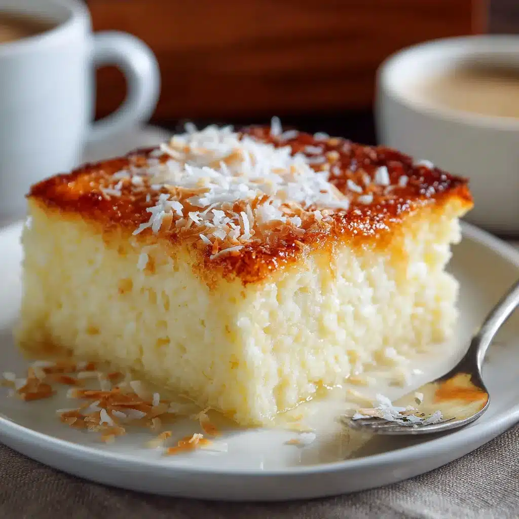 Pastel de coco frío y húmedo decorado con coco rallado sobre un plato blanco