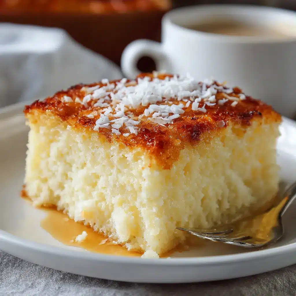 Pastel de coco frío y húmedo decorado con coco rallado sobre un plato blanco