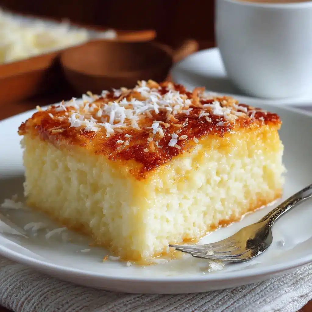 Pastel de coco frío y húmedo decorado con coco rallado sobre un plato blanco