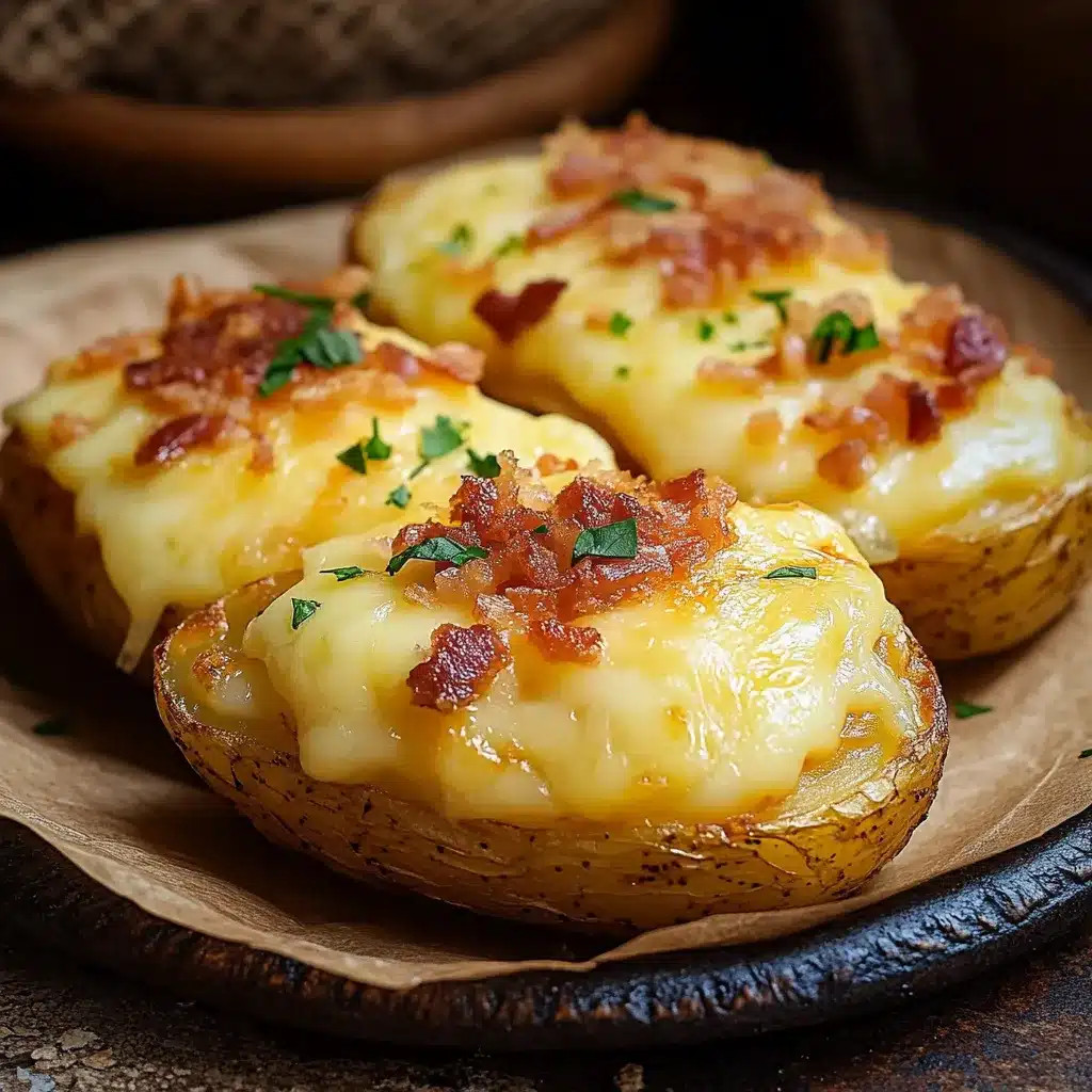 Patatas asadas rellenas con queso fundido y tocino crujiente