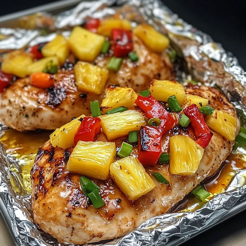 Pechuga de pollo al horno con piña fresca y verduras sobre bandeja