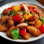 Pollo agridulce al estilo oriental servido con arroz blanco en un plato de cerámica