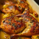Pollo asado al horno bañado en salsa de naranja con miel y hierbas frescas