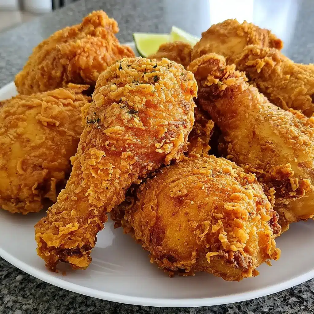 Pollo crujiente estilo KFC servido en plato de cerámica blanca con costra dorada y rebozado grueso