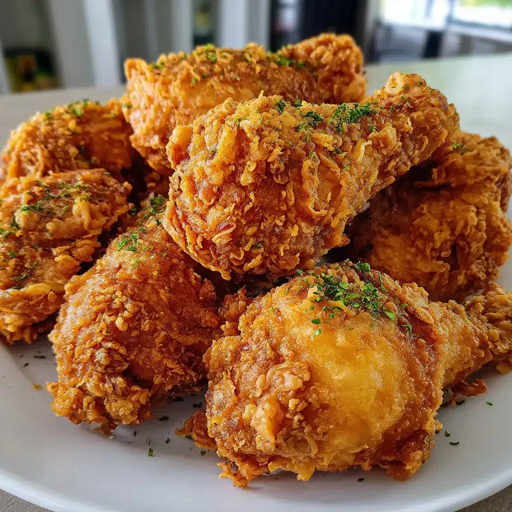 Pollo crujiente estilo KFC servido en plato de cerámica blanca con costra dorada y rebozado grueso