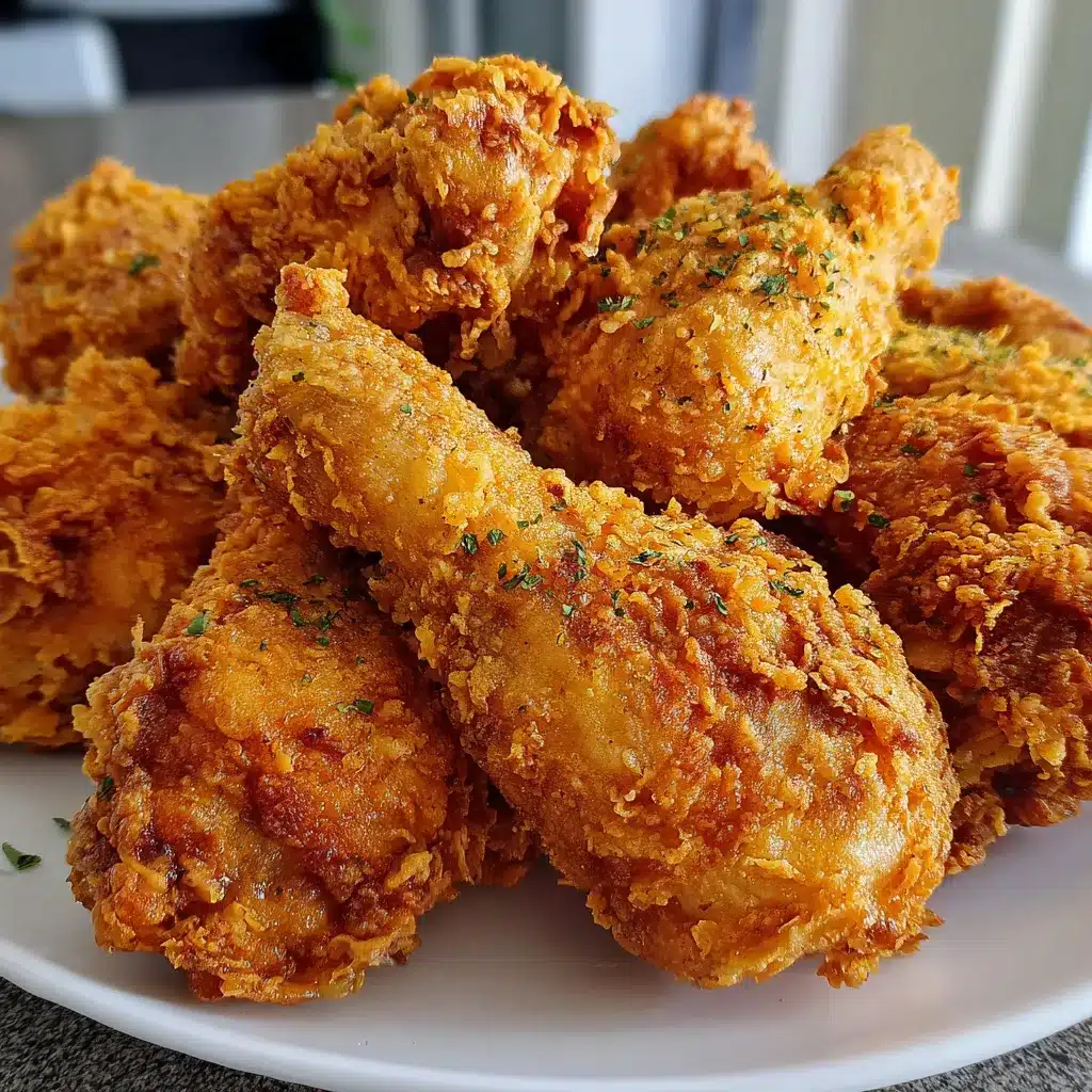 Pollo crujiente estilo KFC servido en plato de cerámica blanca con costra dorada y rebozado grueso