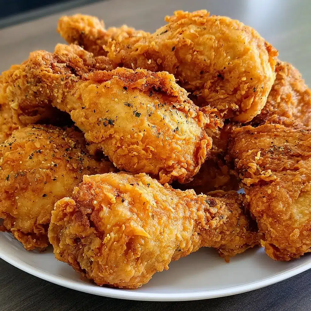Pollo crujiente estilo KFC servido en plato de cerámica blanca con costra dorada y rebozado grueso