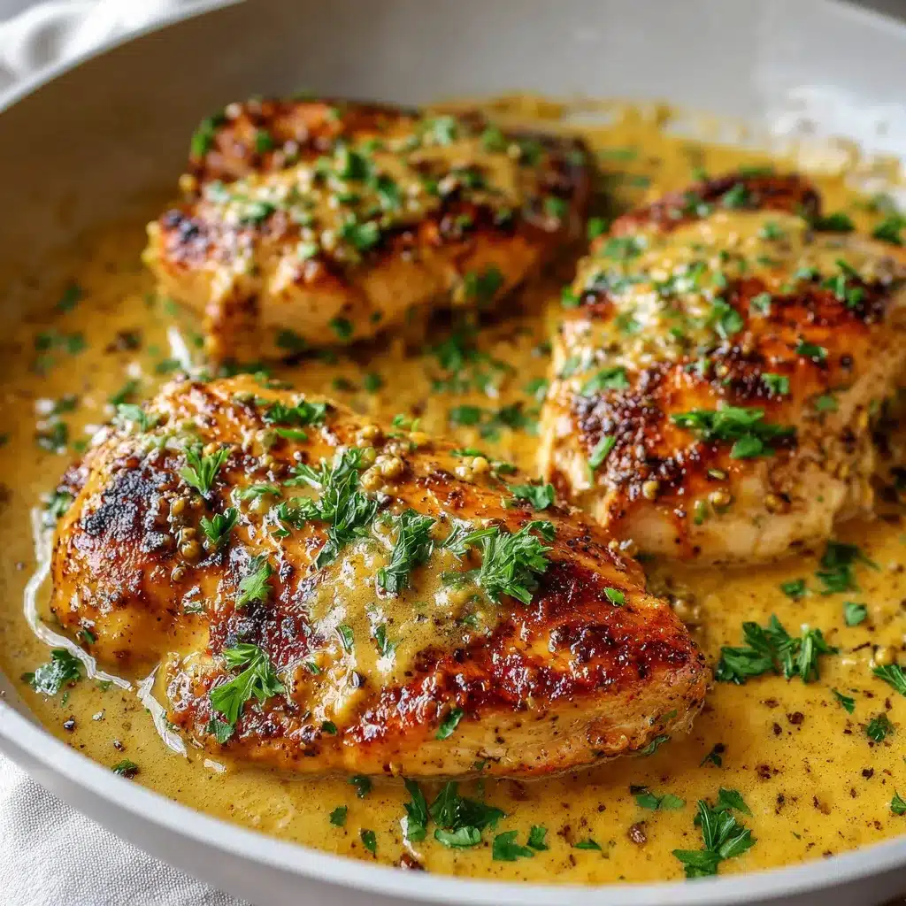 Pollo a la mostaza con salsa cremosa servido en un plato blanco