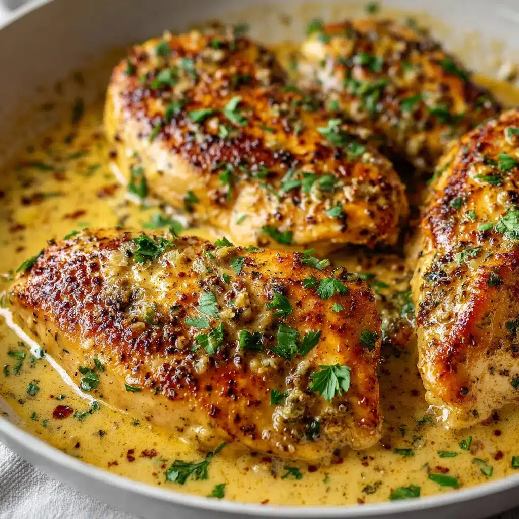 Pollo a la mostaza con salsa cremosa servido en un plato blanco