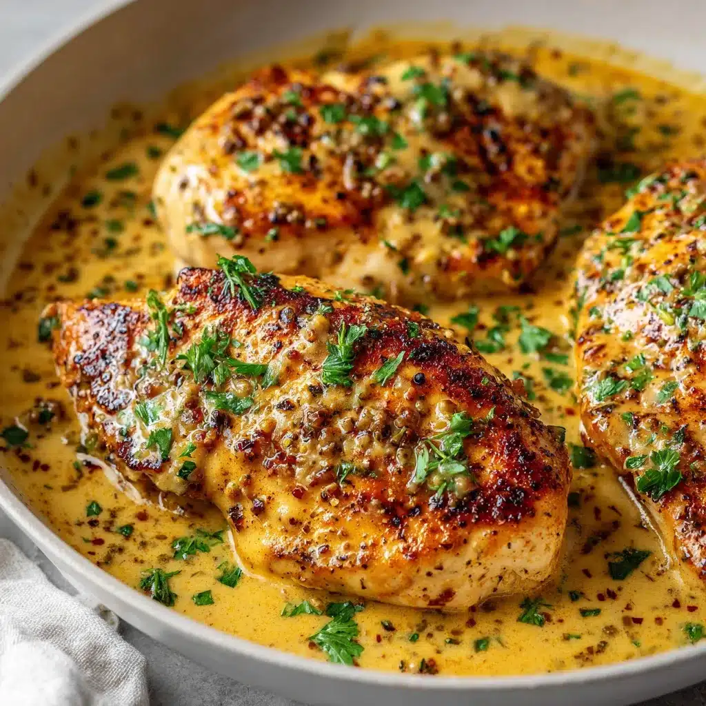 Pollo a la mostaza con salsa cremosa servido en un plato blanco