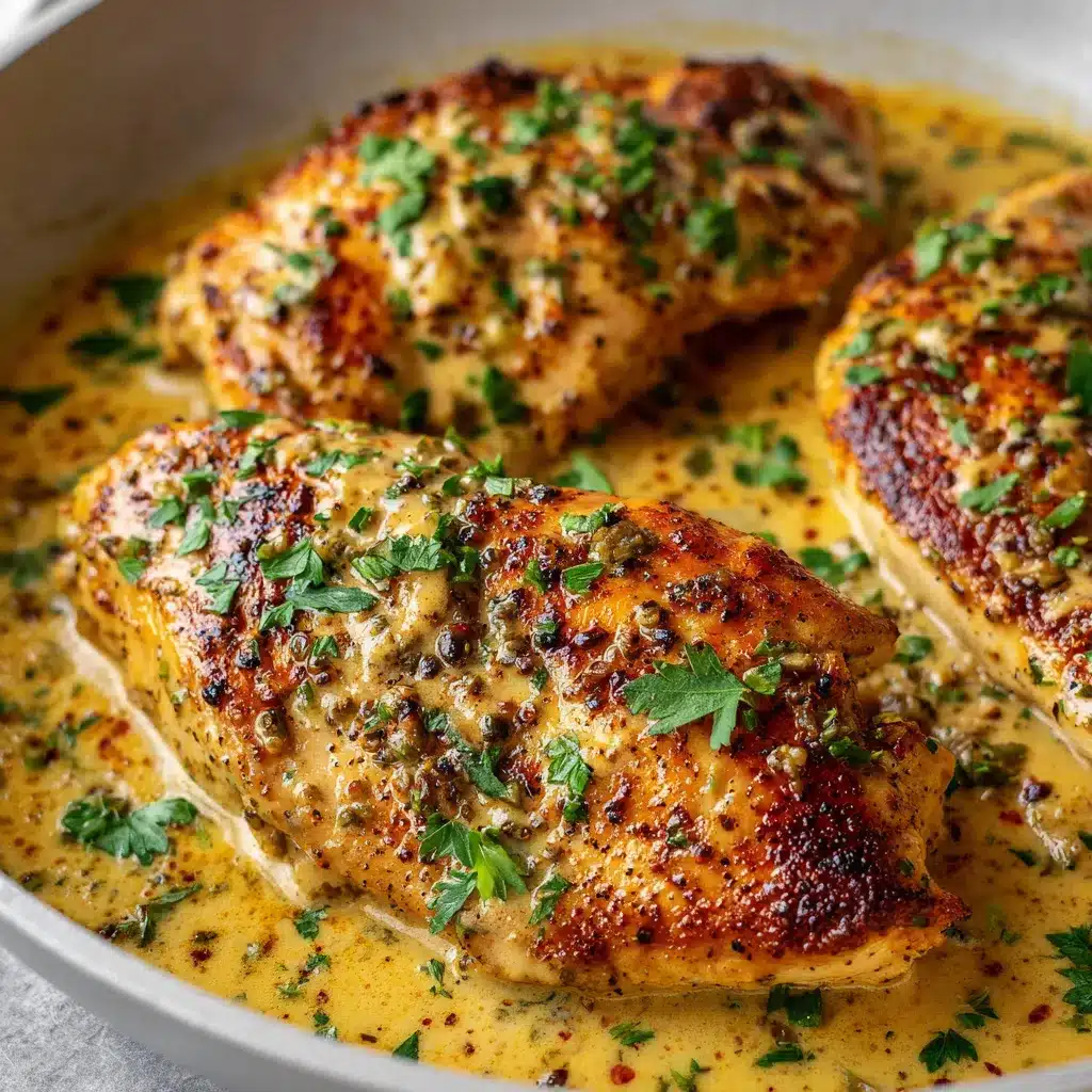 Pollo a la mostaza con salsa cremosa servido en un plato blanco