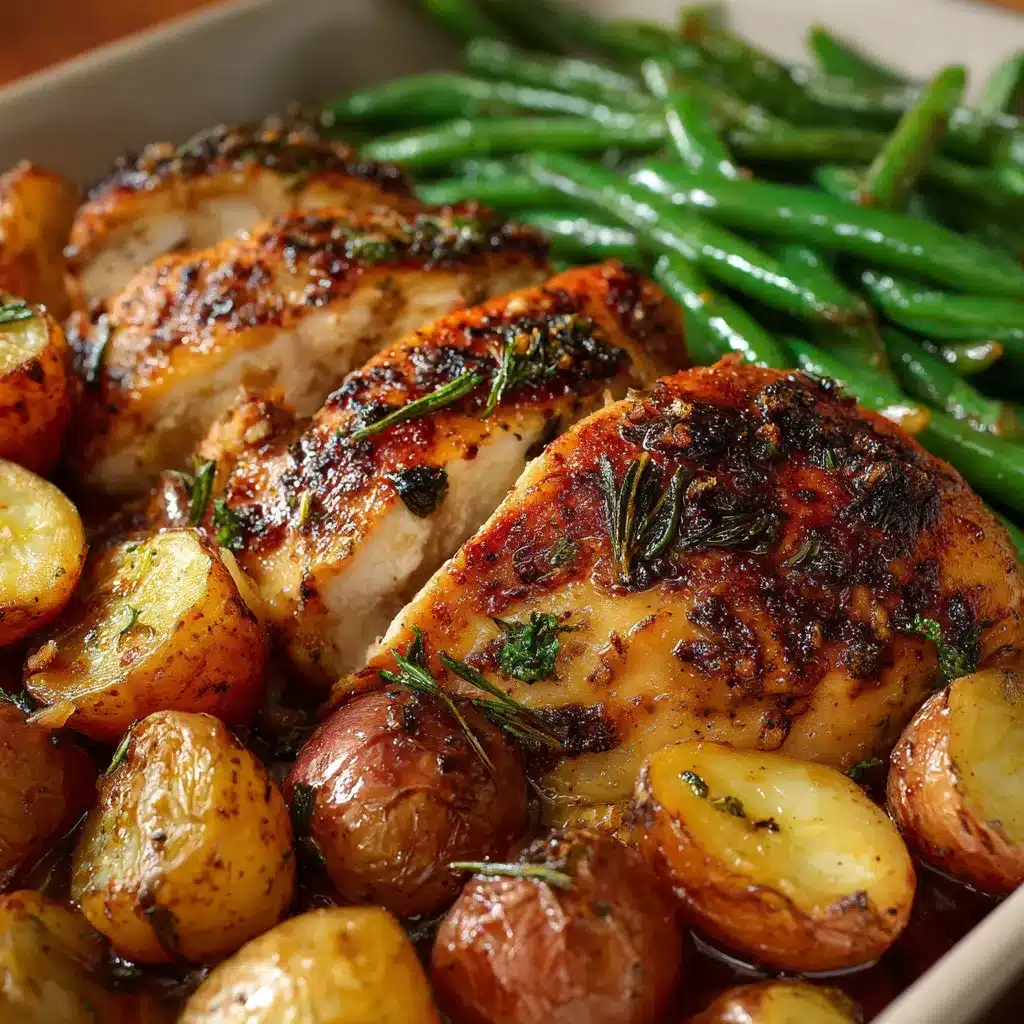 Pollo al horno con papas baby y ejotes en bandeja recién salido del horno