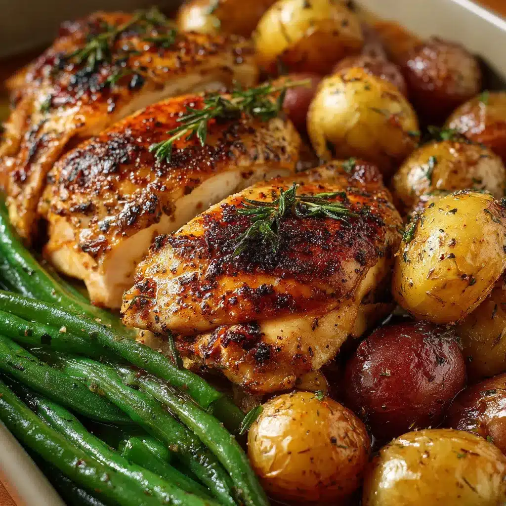 Pollo al horno con papas baby y ejotes en bandeja recién salido del horno
