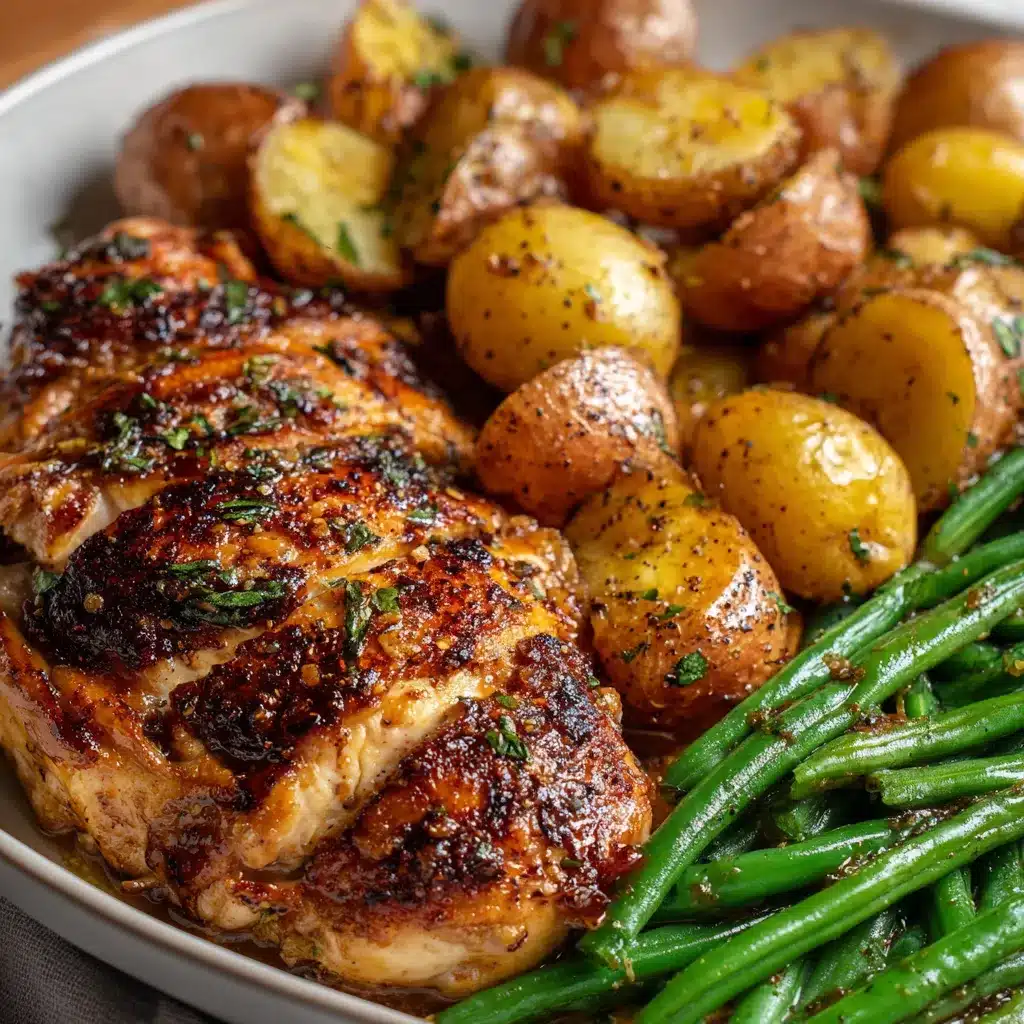Pollo al horno con papas baby y ejotes en bandeja recién salido del horno